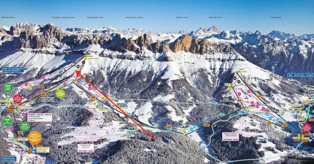 Pistekaart Carezza ski König Laurin gondel