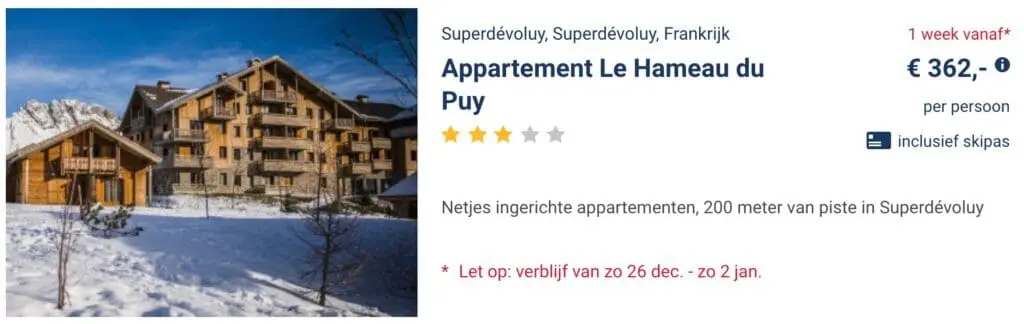aanbieding appartement le Hameau du Puy wintersport kerstvakantie