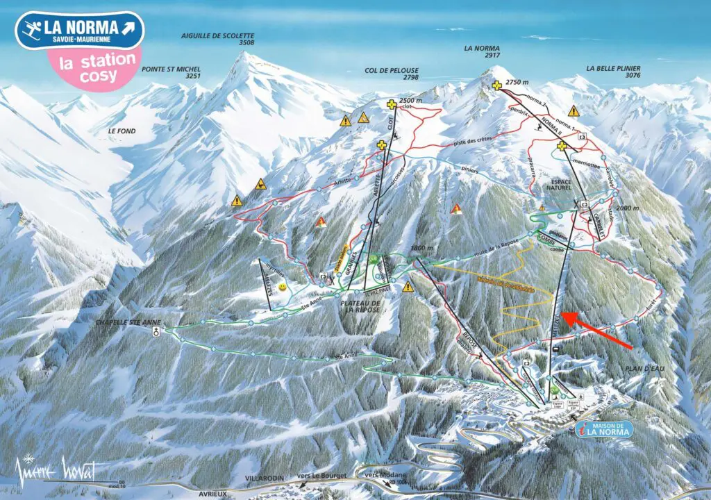 Pistekaart met pijl naar nieuwe lift in La Norma