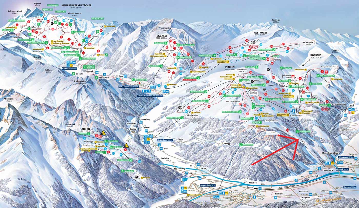 Pistekaart Ski Zillertal 3000 met pijl naar Horbergbahn